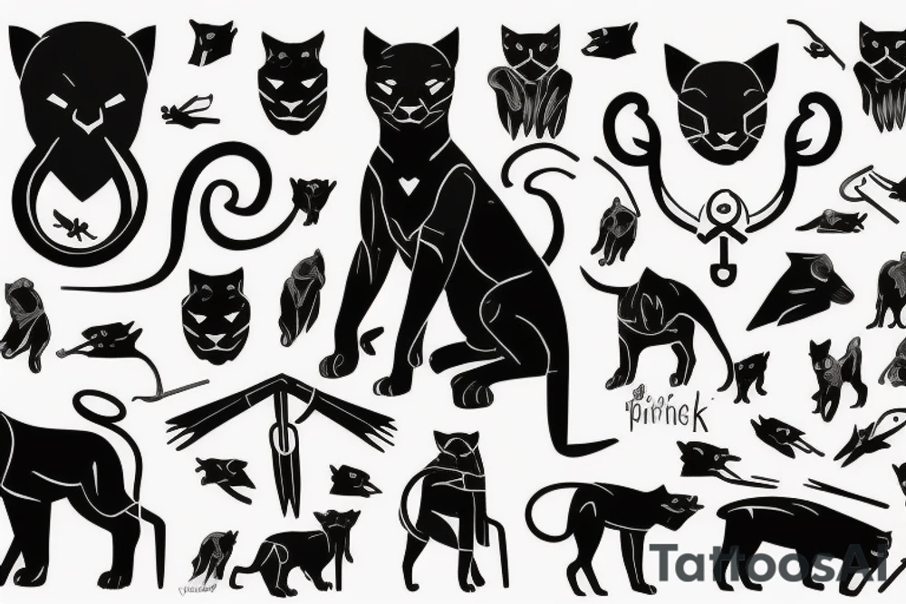 ONE little black panther, designed realistic like the animal, showing full body sitting and holding a shepherd's crook in between its legs. tattoo idea