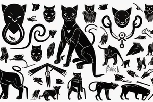 ONE little black panther, designed realistic like the animal, showing full body sitting and holding a shepherd's crook in between its legs. tattoo idea
