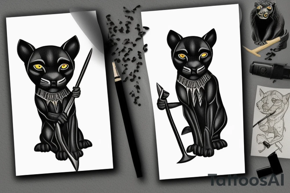 ONE little black panther, designed realistic like the animal, showing full body sitting and holding a shepherd's crook in between its legs. tattoo idea