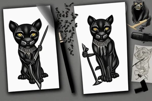 ONE little black panther, designed realistic like the animal, showing full body sitting and holding a shepherd's crook in between its legs. tattoo idea