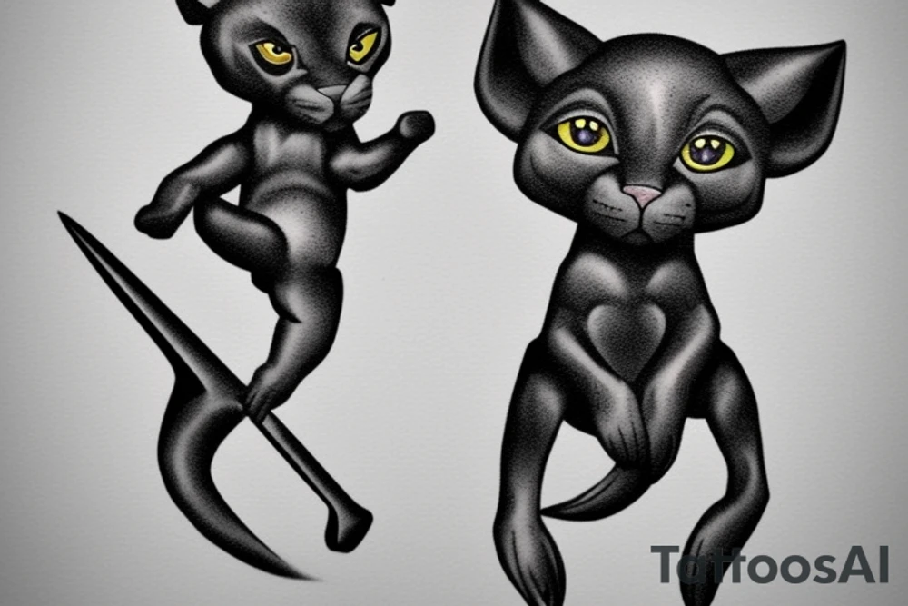 ONE little black panther, designed realistic like the animal, showing full body sitting and holding a shepherd's crook in between its legs. tattoo idea