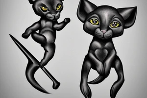 ONE little black panther, designed realistic like the animal, showing full body sitting and holding a shepherd's crook in between its legs. tattoo idea