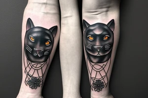ONE little black panther, designed realistic like the animal, showing full body sitting and holding a shepherd's crook in between its legs.

Design: realistic, like the animal facing forward tattoo idea