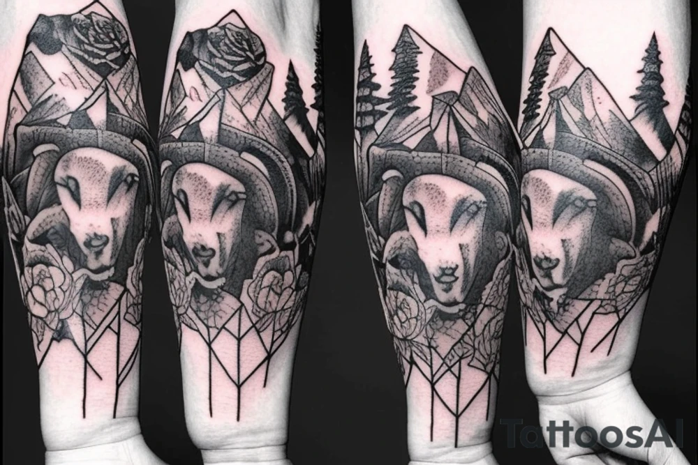 Mountain with ram and rose arm sleeve tattoo idea