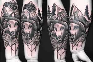 Mountain with ram and rose arm sleeve tattoo idea