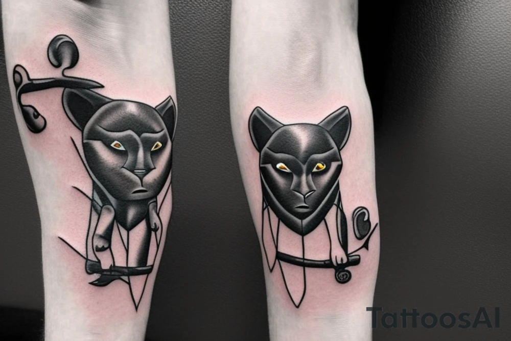 ONE little black panther, designed realistic like the animal, showing full body sitting and holding a shepherd's crook in between its legs.

Design: realistic, like the animal facing forward tattoo idea