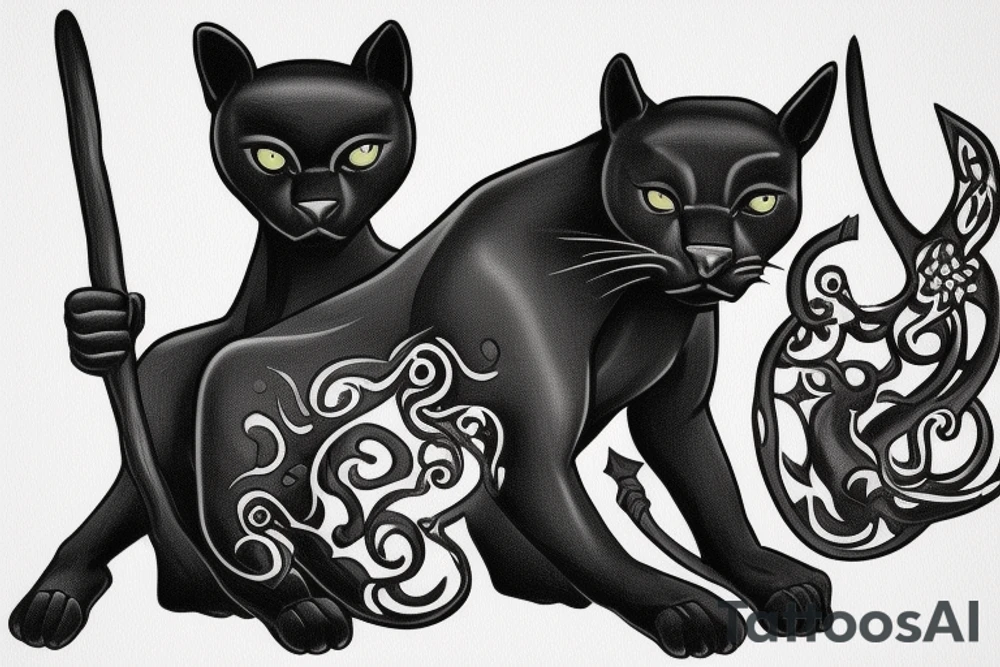 ONE little black panther, designed realistic like the animal, showing full body sitting and holding a shepherd's crook in between its legs.

Design: realistic, like the animal facing forward tattoo idea