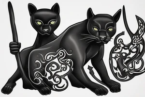 ONE little black panther, designed realistic like the animal, showing full body sitting and holding a shepherd's crook in between its legs.

Design: realistic, like the animal facing forward tattoo idea