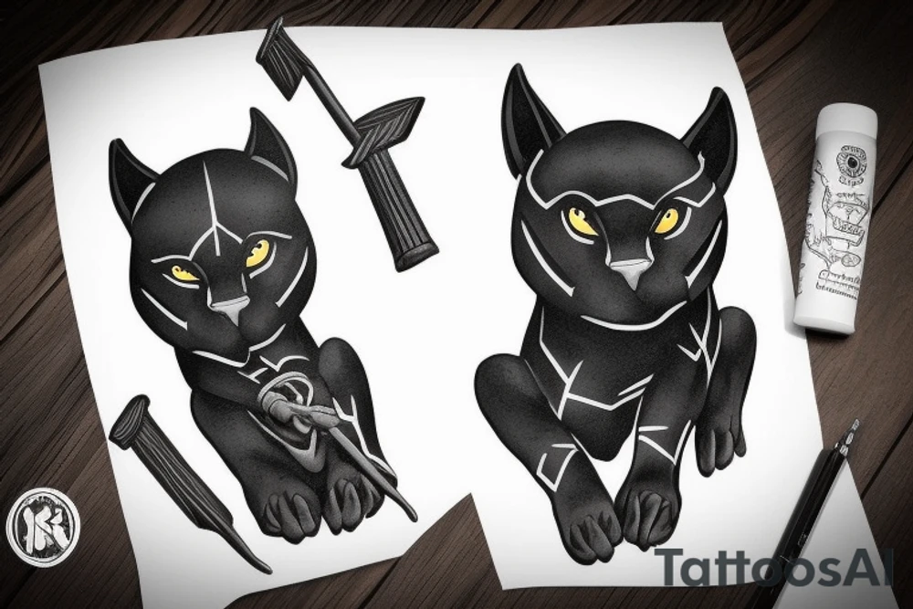 ONE little black panther, designed realistic like the animal, showing full body sitting and holding a shepherd's crook in between its legs.

Design: realistic, like the animal facing forward tattoo idea