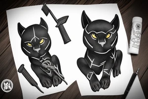 ONE little black panther, designed realistic like the animal, showing full body sitting and holding a shepherd's crook in between its legs.

Design: realistic, like the animal facing forward tattoo idea