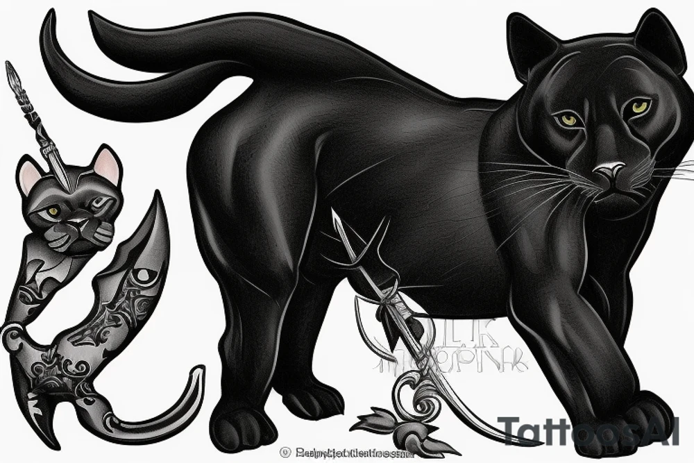 ONE little black panther, designed realistic like the animal, showing full body sitting and holding a shepherd's crook in between its legs.

Design: realistic, like the animal facing forward tattoo idea