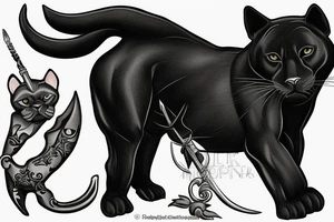 ONE little black panther, designed realistic like the animal, showing full body sitting and holding a shepherd's crook in between its legs.

Design: realistic, like the animal facing forward tattoo idea
