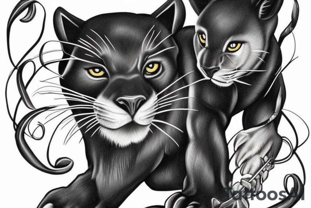 ONE little black panther, designed realistic like the animal, showing full body sitting and holding a shepherd's crook in between its legs.

Design: realistic, like the animal facing forward tattoo idea