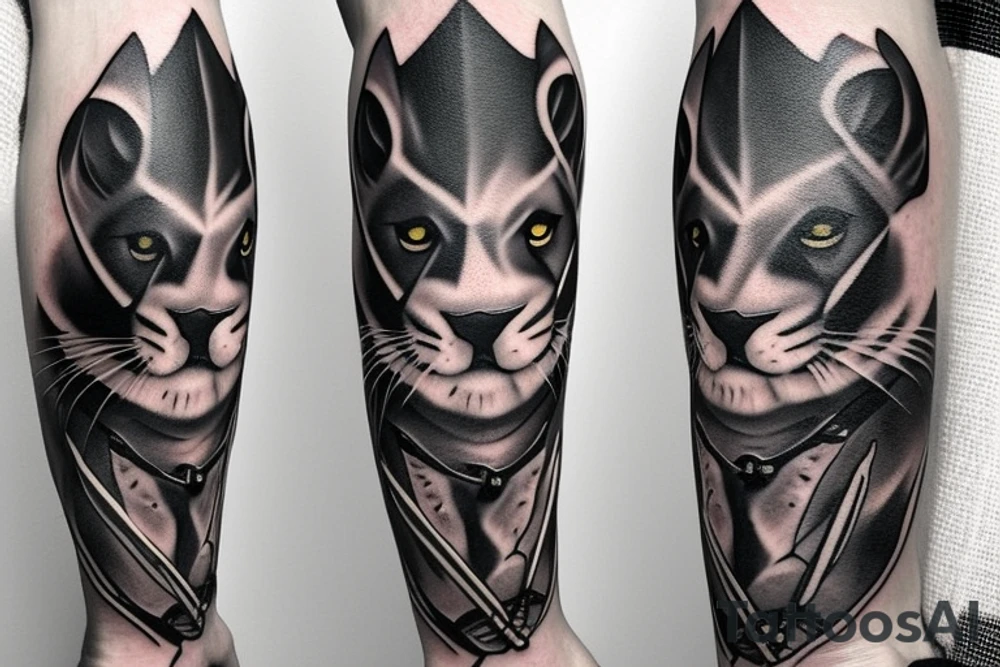 ONE little black panther, designed realistic like the animal, showing full body sitting and holding a shepherd's crook in between its legs.

Design: realistic, like the animal facing forward tattoo idea