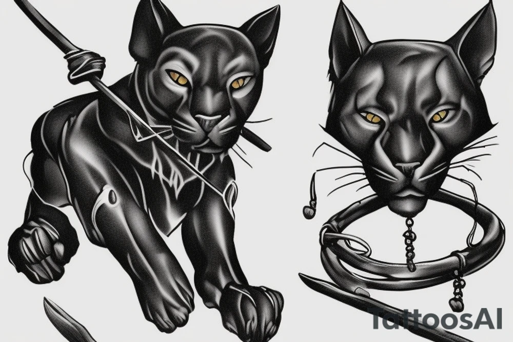 ONE little black panther, designed realistic like the animal, showing full body sitting and holding a shepherd's crook in between its legs.

Design: realistic, like the animal facing forward tattoo idea