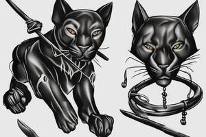 ONE little black panther, designed realistic like the animal, showing full body sitting and holding a shepherd's crook in between its legs.

Design: realistic, like the animal facing forward tattoo idea