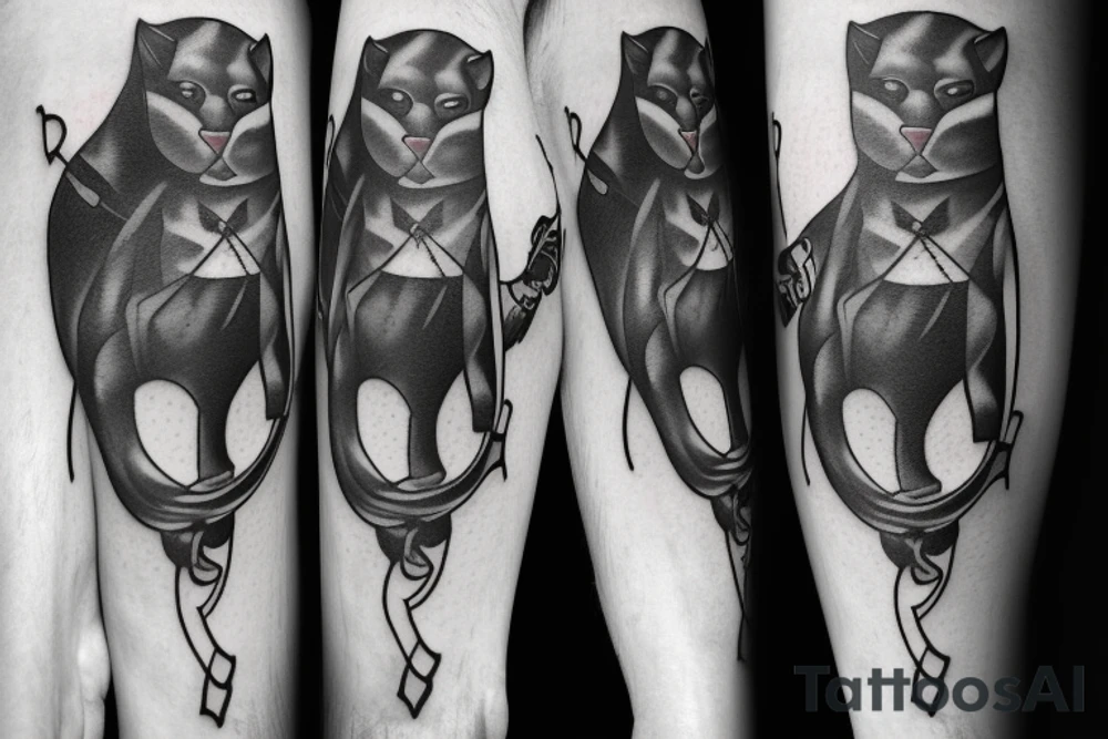 ONE little black panther, designed realistic like the animal, showing full body sitting and holding a shepherd's crook with a single hook in between its legs.

Design: realistic, like the animal facing forward tattoo idea