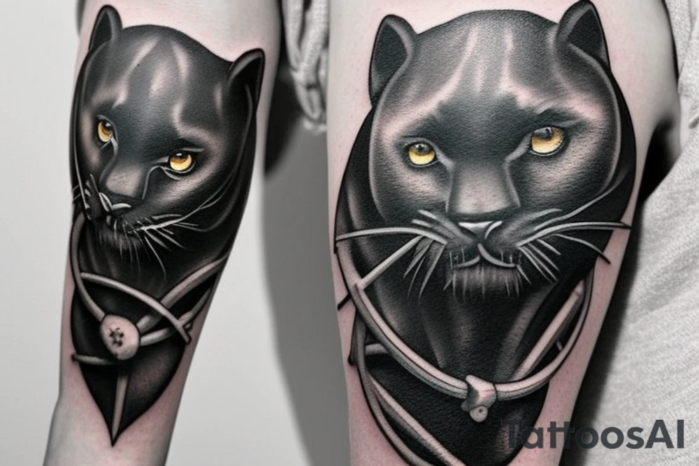 ONE little black panther, designed realistic like the animal, showing full body sitting and holding a shepherd's crook with a single hook in between its legs.

Design: realistic, like the animal facing forward tattoo idea