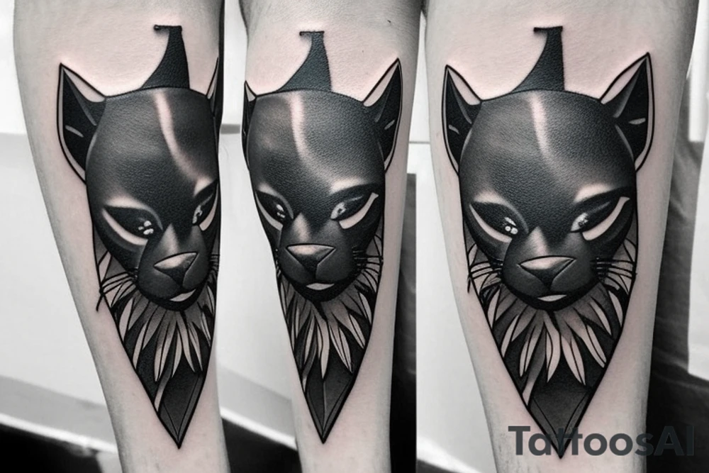 ONE little black panther, designed realistic like the animal, showing full body sitting and holding a shepherd's crook with a single hook in between its legs.

Design: realistic, like the animal facing forward tattoo idea