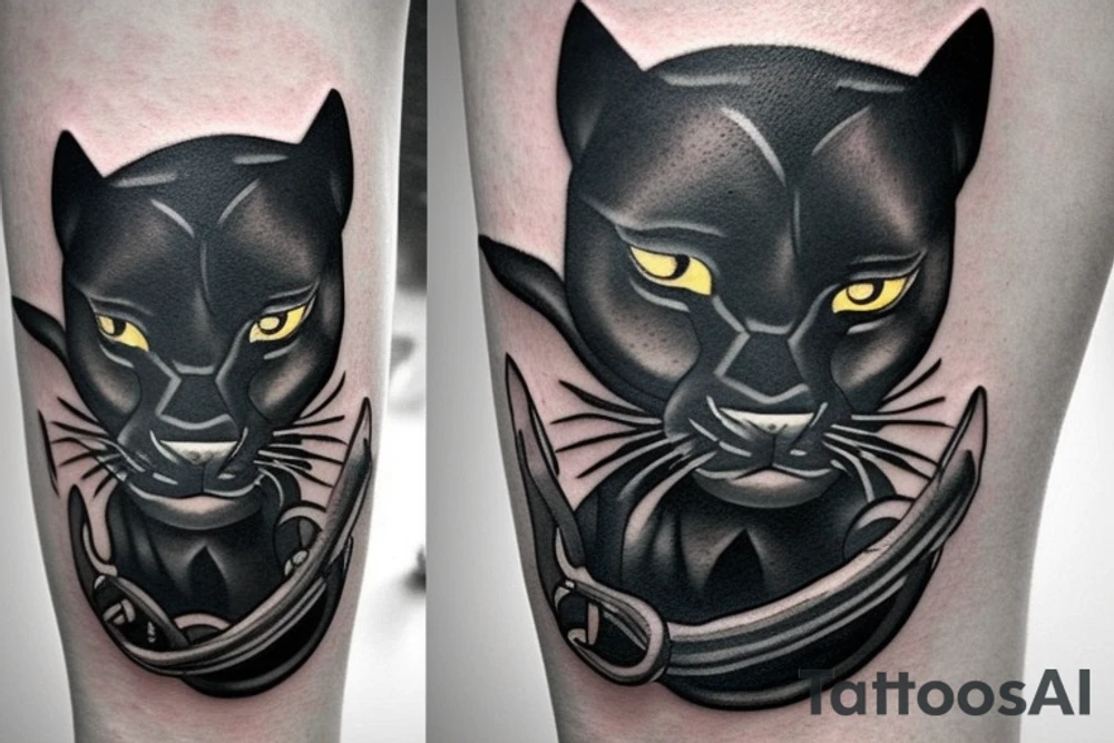 ONE little black panther, designed realistic like the animal, showing full body sitting and holding a shepherd's crook with a single hook in between its legs.

Design: realistic, like the animal facing forward tattoo idea