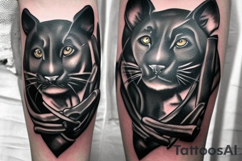 ONE little black panther, designed realistic like the animal, showing full body sitting and holding a shepherd's crook with a single hook in between its legs.

Design: realistic, like the animal facing forward tattoo idea