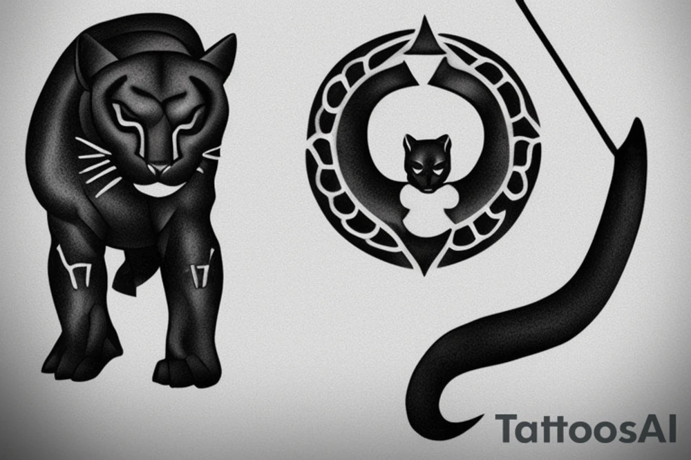 ONE little black panther, designed realistic like the animal, showing full body sitting and holding a shepherd's crook with a single hook in between its legs.

Design: realistic, like the animal facing forward tattoo idea