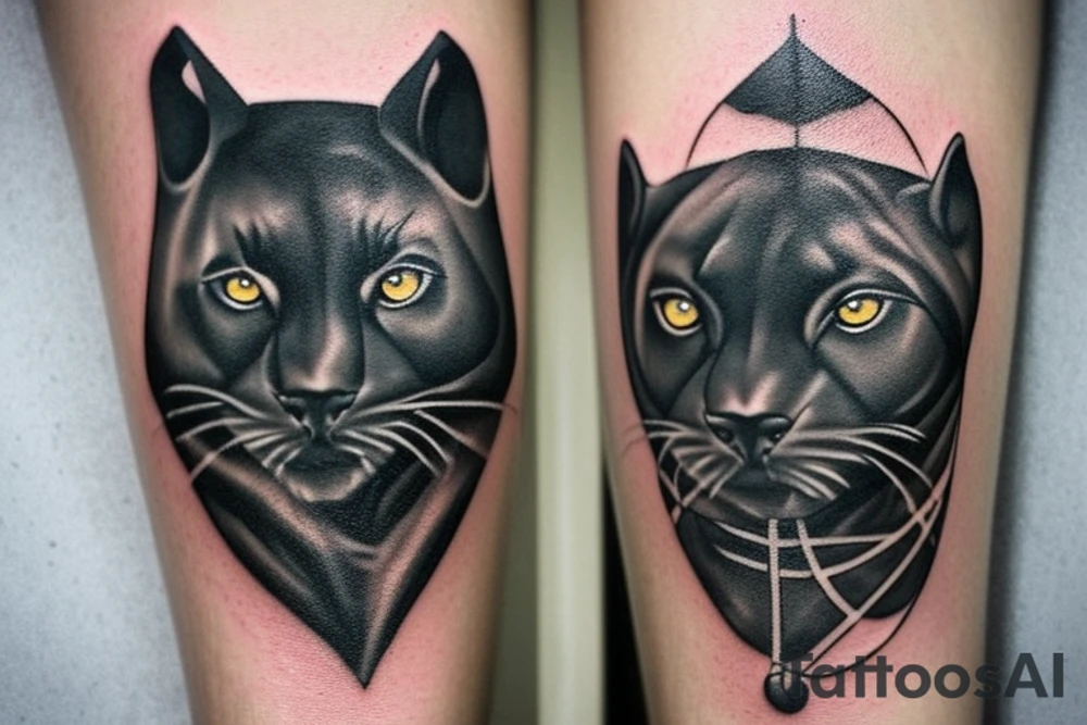 ONE little black panther, designed realistic like the animal, showing full body sitting and holding a shepherd's crook with a single hook in between its legs.

Design: realistic, like the animal facing forward tattoo idea