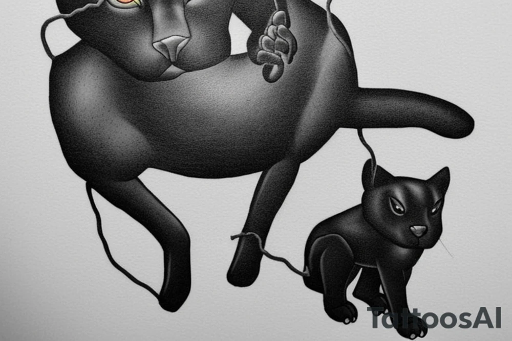 ONE little black panther, designed realistic like the animal, showing full body sitting and holding a shepherd's crook with a single hook in between its legs.

Design: realistic, like the animal facing forward tattoo idea