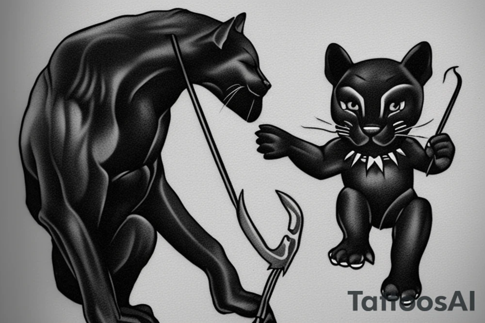ONE little black panther, designed realistic like the animal, showing full body sitting and holding a shepherd's crook (with a single hook) in between its legs.

Design: realistic, like the animal facing forward tattoo idea