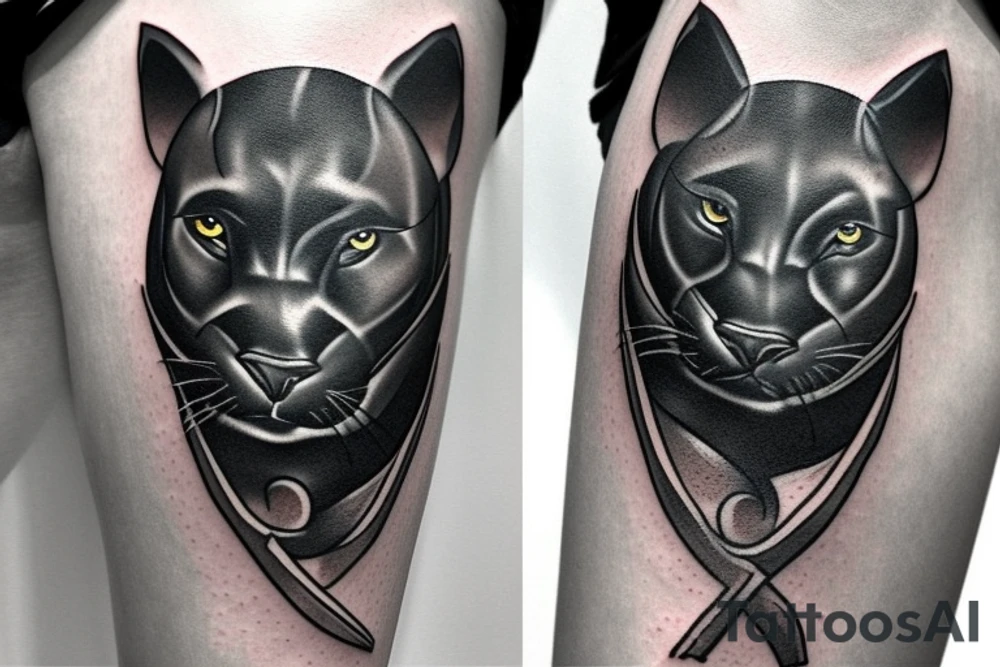 ONE little black panther, designed realistic like the animal, showing full body sitting and holding a shepherd's crook (with a single hook) in between its legs.

Design: realistic, like the animal facing forward tattoo idea