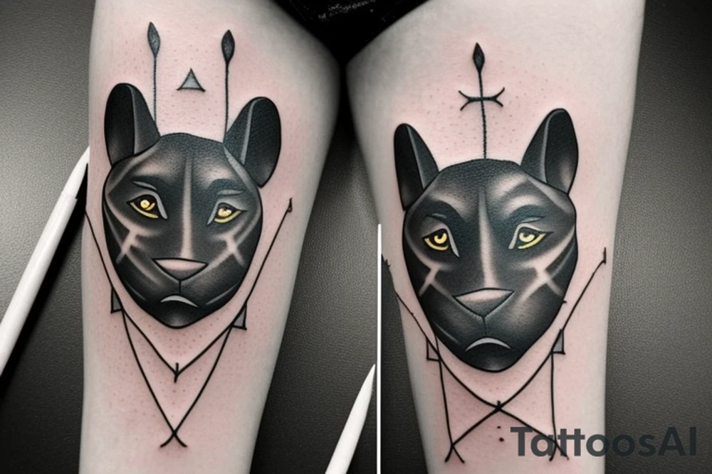 ONE little black panther, designed realistic like the animal, showing full body sitting and holding a shepherd's crook (with a single hook) in between its legs.

Design: realistic, like the animal facing front tattoo idea