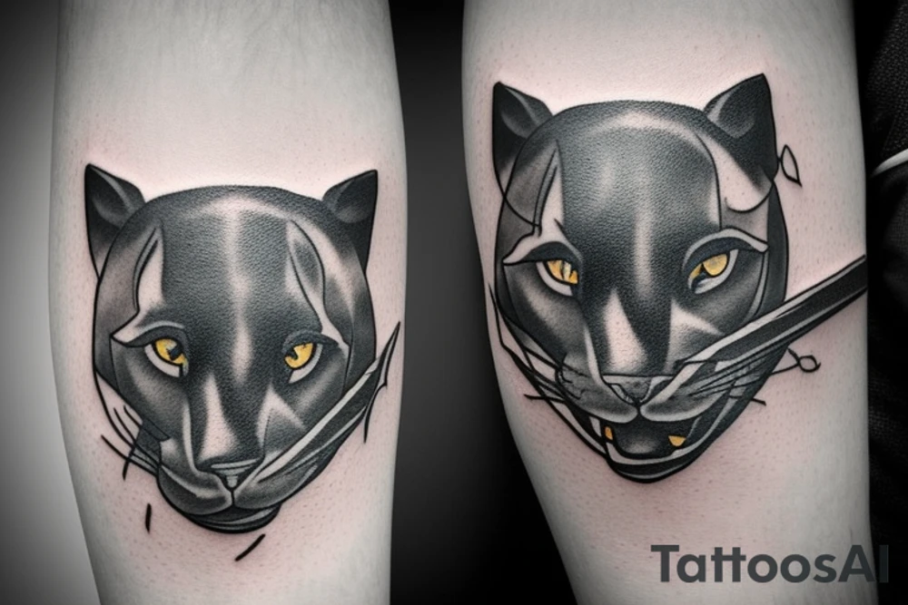 ONE little black panther, designed realistic like the animal, showing full body sitting and holding a shepherd's crook (with a single hook) in between its legs.

Design: realistic, like the animal facing front tattoo idea