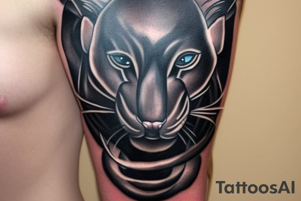 ONE little black panther, designed realistic like the animal, showing full body sitting and holding a shepherd's crook (with a single hook) in between its legs.

Design: realistic, like the animal facing front tattoo idea