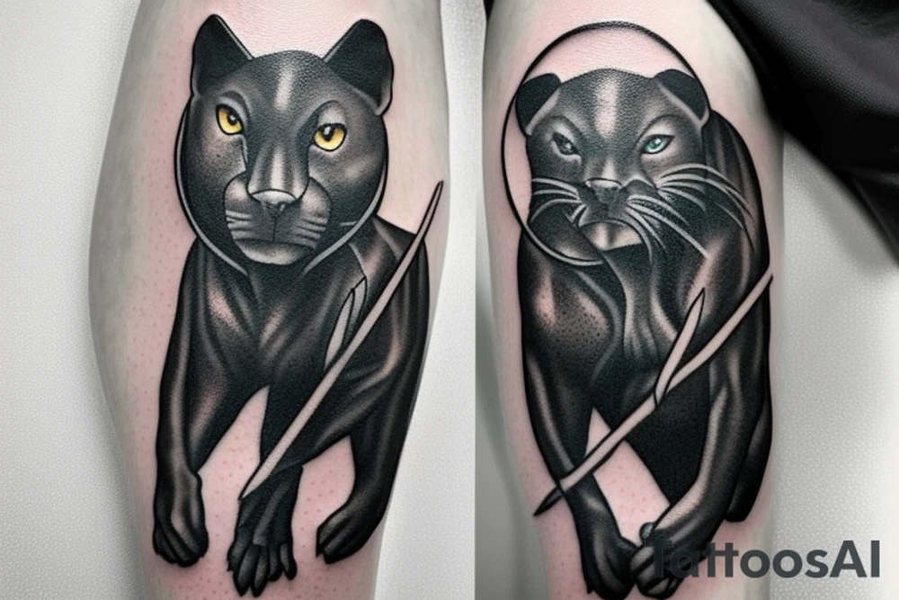 ONE little black panther, designed realistic like the animal, showing full body sitting and holding a shepherd's crook (with a single hook) in between its legs.

Design: realistic, like the animal facing front tattoo idea