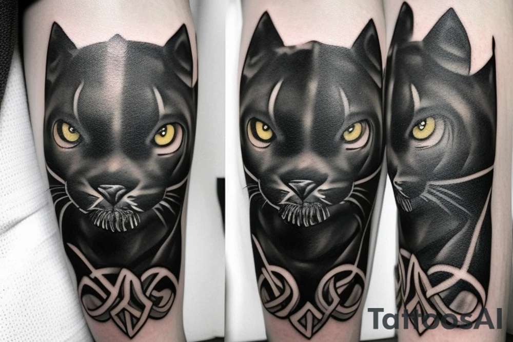 ONE little black panther, designed realistic like the animal, showing full body sitting and holding a shepherd's crook (with a single hook) in between its legs.

Design: realistic, like the animal facing front tattoo idea