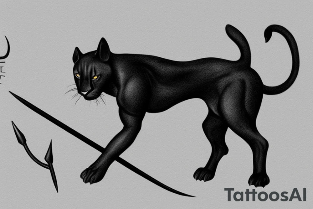 ONE little black panther, designed realistic like the animal, showing full body sitting and holding a shepherd's crook (from the first centuries with a single hook) in between its legs.

Design: realistic, like the animal facing front tattoo idea