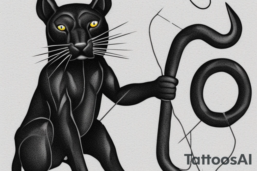 ONE little black panther, designed realistic like the animal, showing full body sitting and holding a shepherd's crook (from the first centuries with a single hook) in between its legs.

Design: realistic, like the animal facing front tattoo idea
