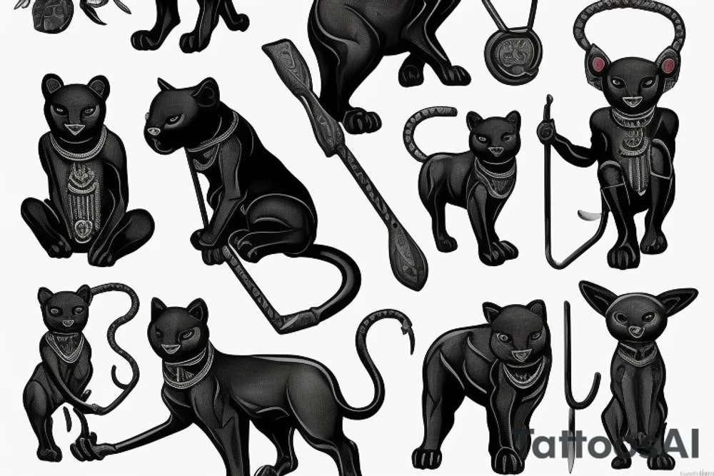 ONE little black panther, designed realistic like the animal, showing full body sitting and holding a shepherd's crook (from the first centuries with a single hook) in between its legs.

Design: realistic, like the animal facing front tattoo idea