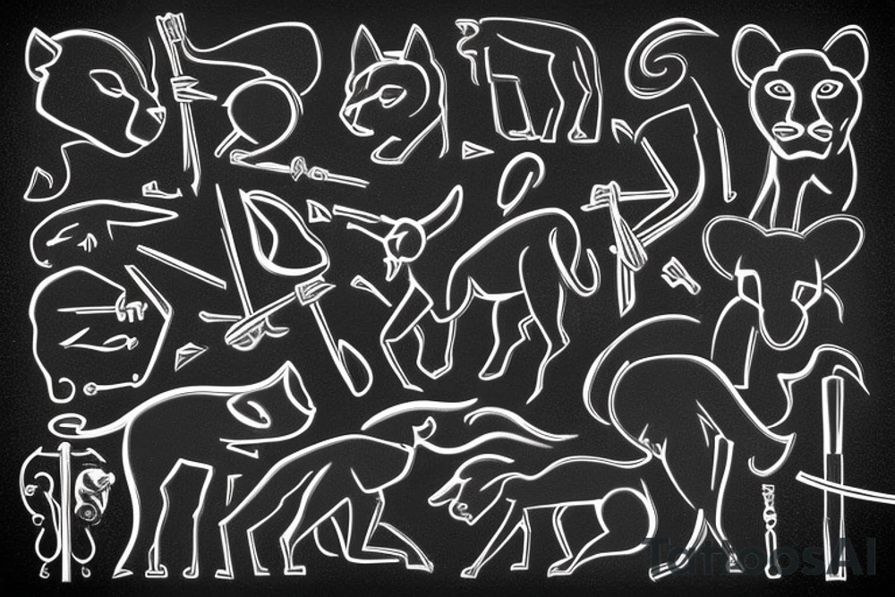 ONE little black panther, designed realistic like the animal, showing full body sitting and holding a shepherd's crook (from the first centuries with a single hook) in between its legs.

Design: realistic, like the animal facing front tattoo idea