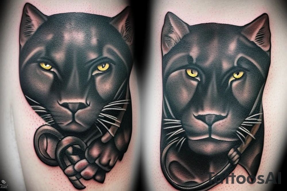 ONE little black panther, designed realistic like the animal, showing full body sitting and holding a shepherd's crook (from the first centuries with a single hook) in between its legs.

Design: realistic, like the animal facing front tattoo idea