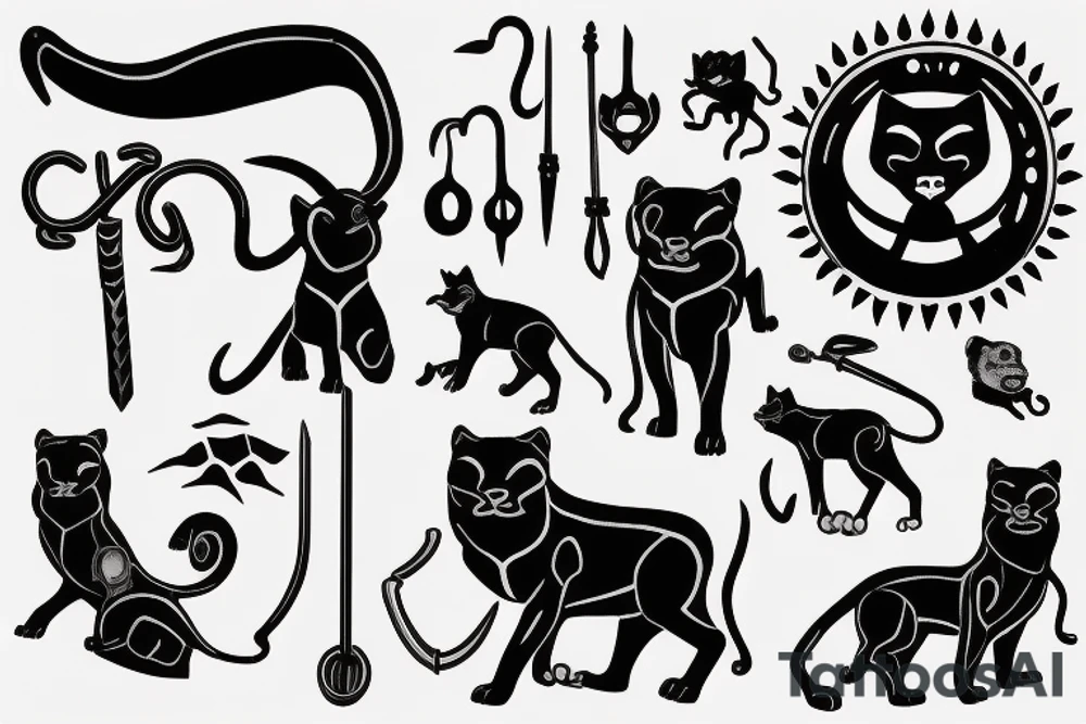 ONE little black panther, designed realistic like the animal, showing full body sitting and holding a shepherd's crook (from the first centuries with a single hook) in between its legs.

Design: realistic, like the animal facing front tattoo idea