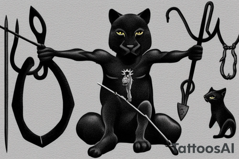 ONE little black panther, designed realistic like the animal, showing full body sitting and holding a shepherd's crook (from the first centuries with a single hook) in between its legs.

Design: realistic, like the animal facing front tattoo idea