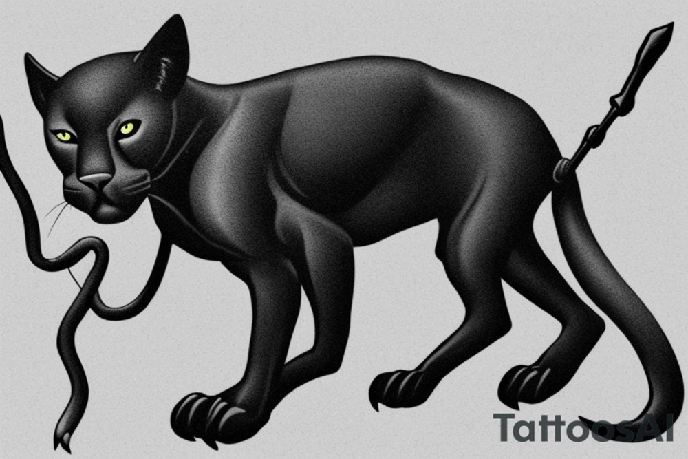 ONE little black panther, designed realistic like the animal, showing full body sitting and holding a shepherd's crook (from the first centuries with a single hook) in between its legs.

Design: realistic, like the animal facing front tattoo idea