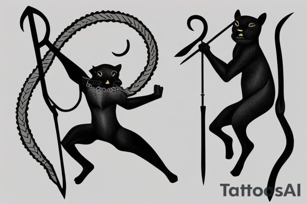ONE little black panther, designed realistic like the animal, showing full body sitting and holding a shepherd's crook (from the first centuries with a single hook) in between its legs.

Design: realistic, like the animal facing front tattoo idea
