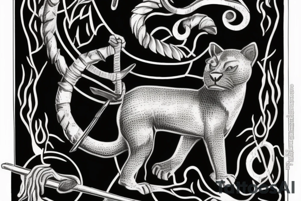 ONE little black panther, designed realistic like the animal, showing full body sitting and holding a shepherd's crook (from the first centuries with a single hook) in between its legs.

Design: realistic, like the animal facing front tattoo idea