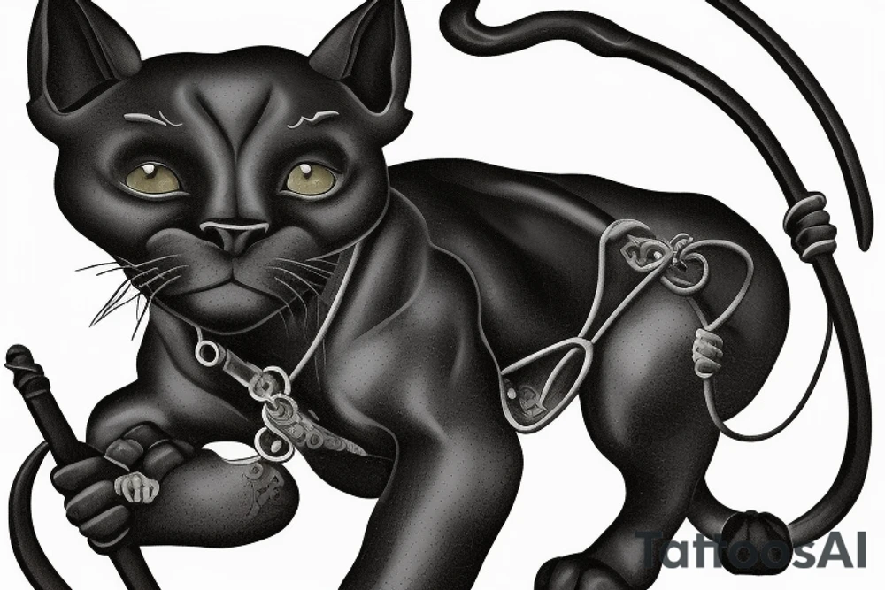 ONE little black panther, designed realistic like the animal, showing full body sitting and holding a shepherd's crook (from the first centuries with a single hook) in between its legs.

Design: realistic, like the animal facing front tattoo idea