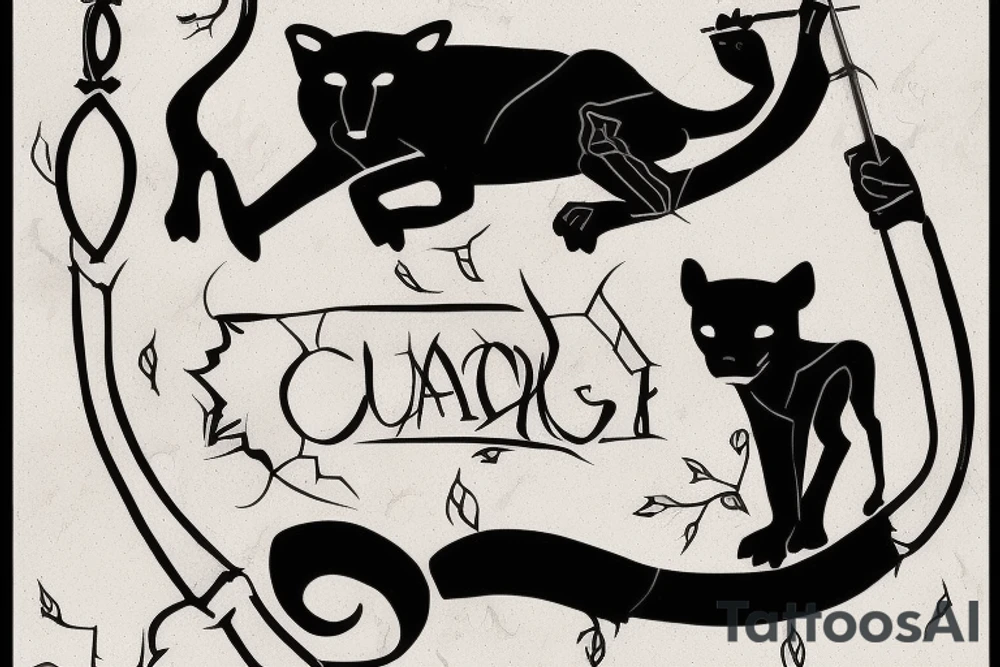 ONE little black panther, designed realistic like the animal, showing full body sitting and holding a shepherd's crook (from the first centuries with a single hook) in between its legs.

Design: realistic, like the animal facing front tattoo idea