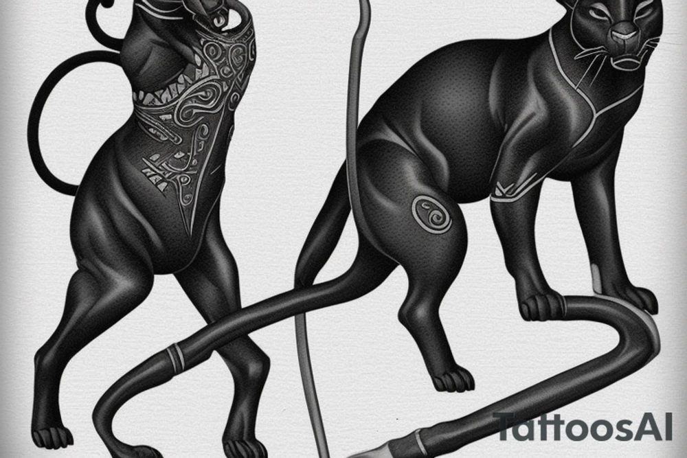 ONE little black panther, designed realistic like the animal, showing full body sitting and holding a shepherd's crook (from the first centuries with a single hook) in between its legs.

Design: realistic, like the animal facing front tattoo idea