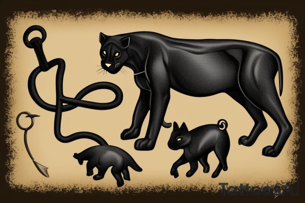 ONE little black panther, designed realistic like the animal, showing full body sitting and holding a shepherd's crook (from the first centuries with a single hook) in between its legs.

Design: realistic, like the animal facing front tattoo idea