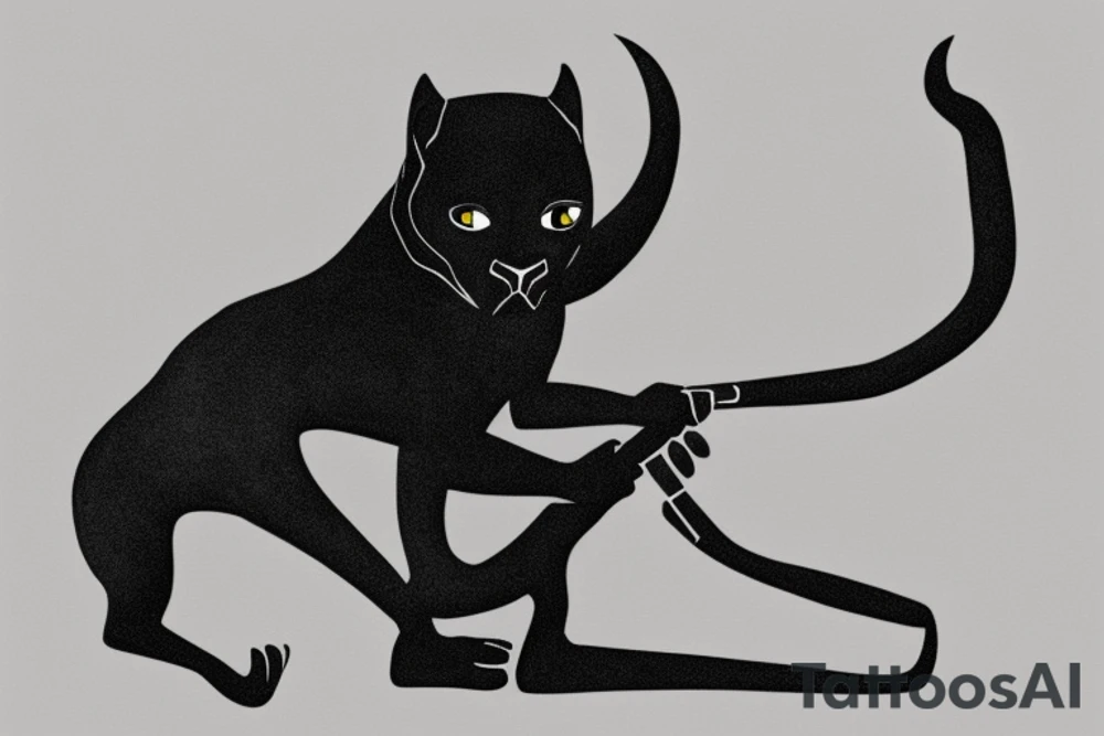 ONE little black panther, designed realistic like the animal, showing full body sitting and holding a shepherd's crook (from the first centuries with a single hook) in between its legs.

Design: realistic, like the animal facing front tattoo idea